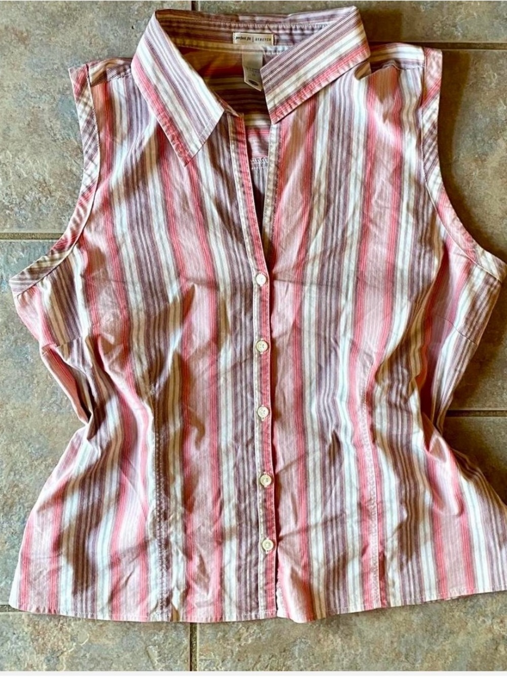 Old Navy Pink and White Striped Sleeveless Button-Down Shirt